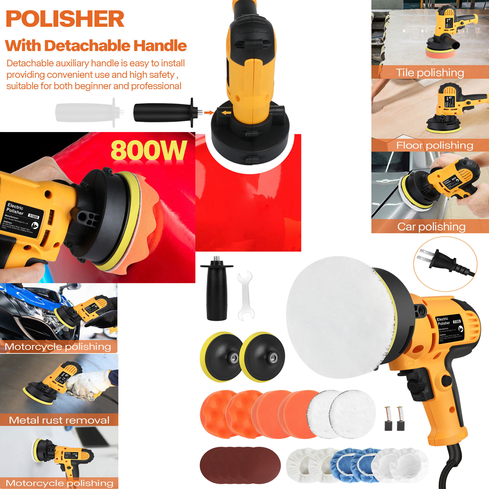 ✅800W Car Polisher Buffer Sander Auto Polishing Machine 5&Prime;+6&Prime; Pad Bonnet Kit Set