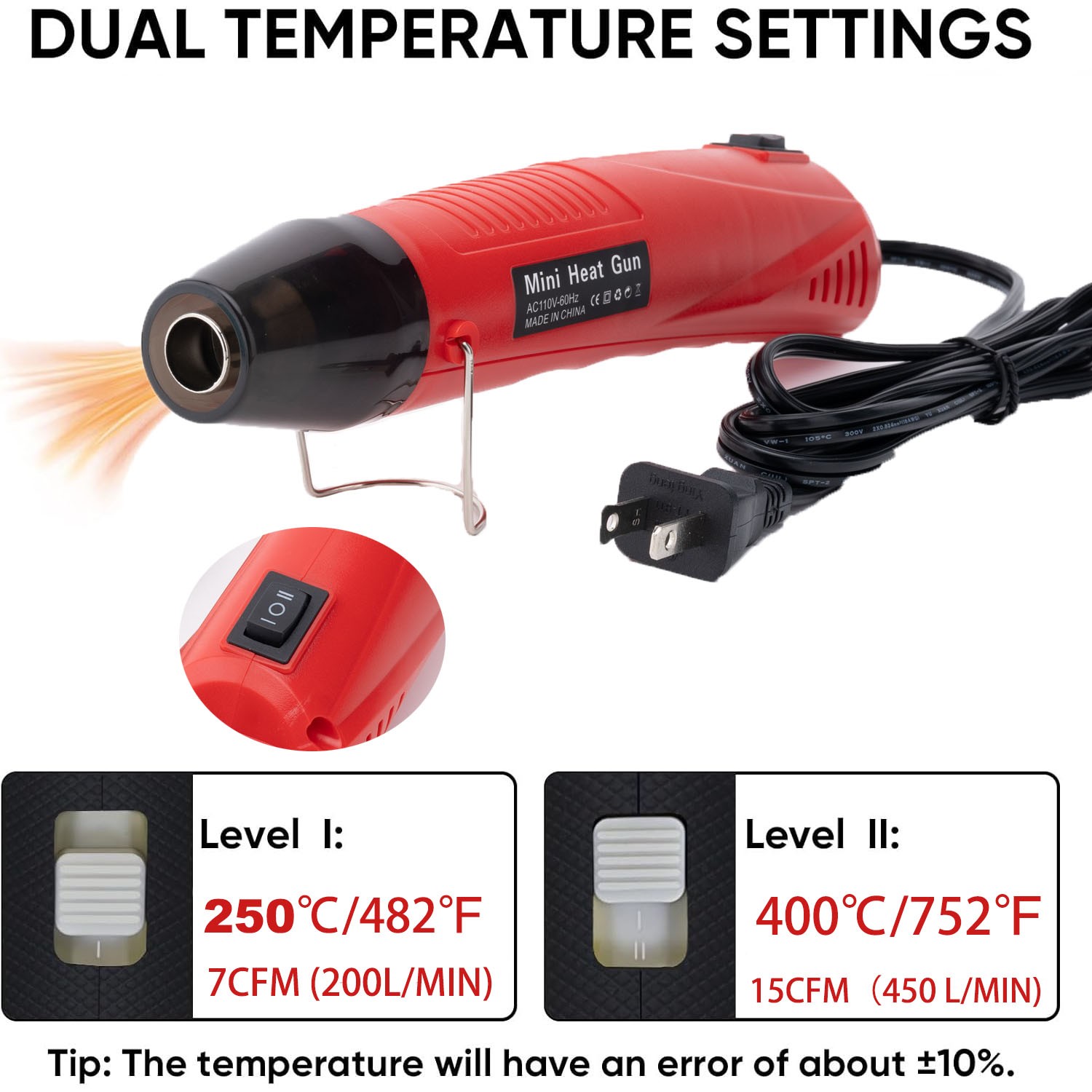 350W Mini Heat Gun for DIY Shrink Wrap Dry Paint Hot Air Gun 2 Speed 752°F Max