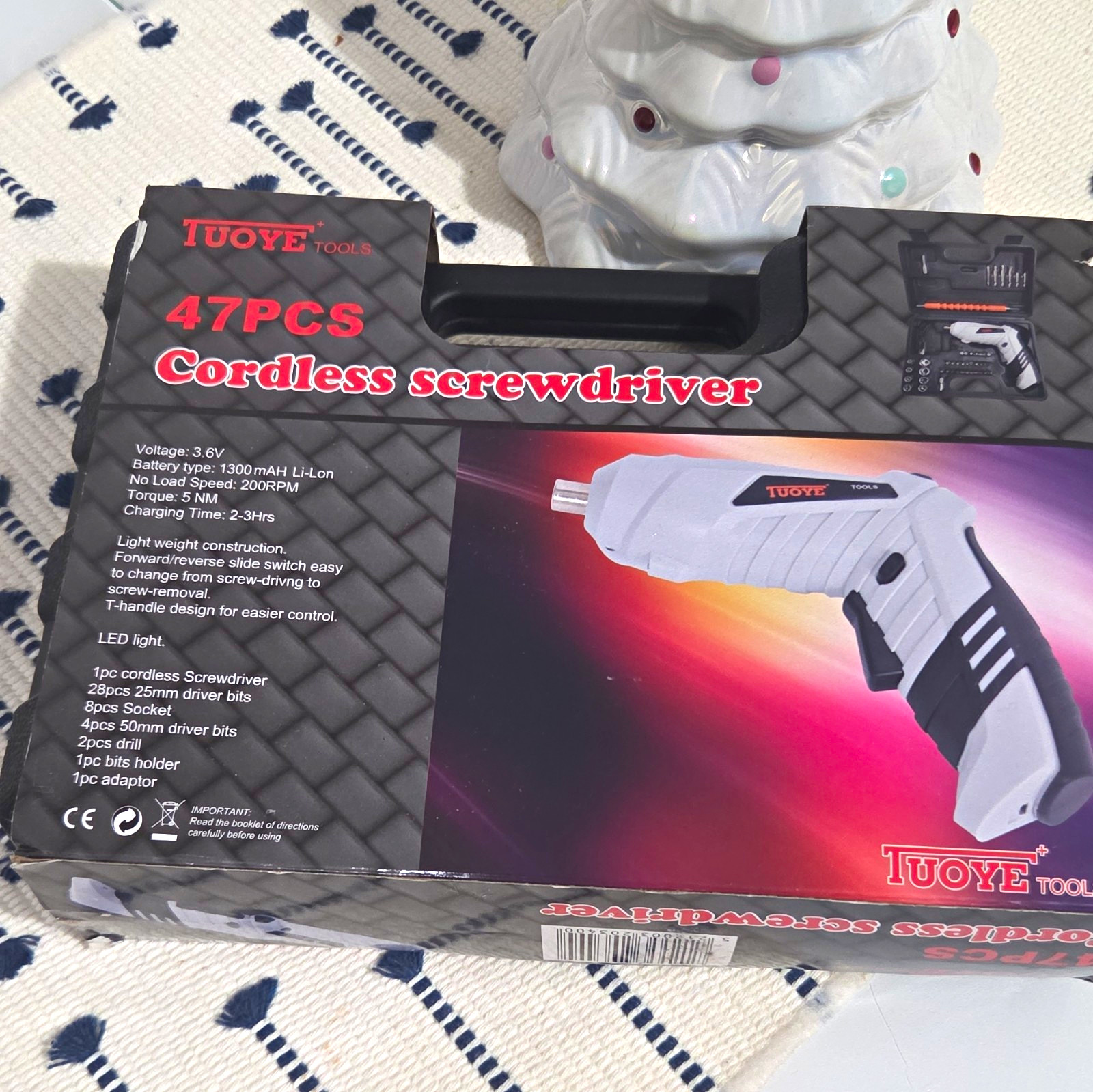 TUOYE 3.6V Cordless Screwdriver 47pc Set Li-Ion 1300mAh LED w/ Case
