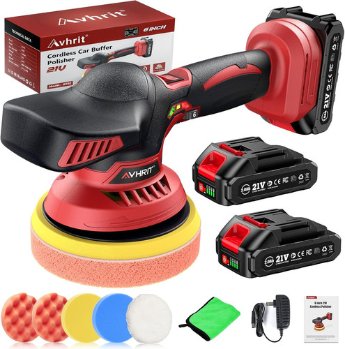 Cordless Car Buffer Polisher kit w/ 2x2000mAh 21V Batteries, 6Inch-21V, A-red