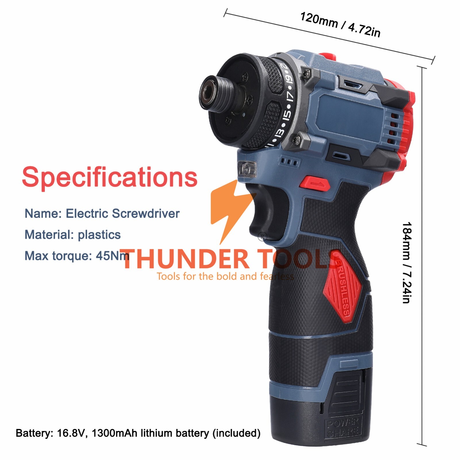 Thunder Tools 16.8V Cordless Electric Screwdriver 45Nm Torque Brushless Motor