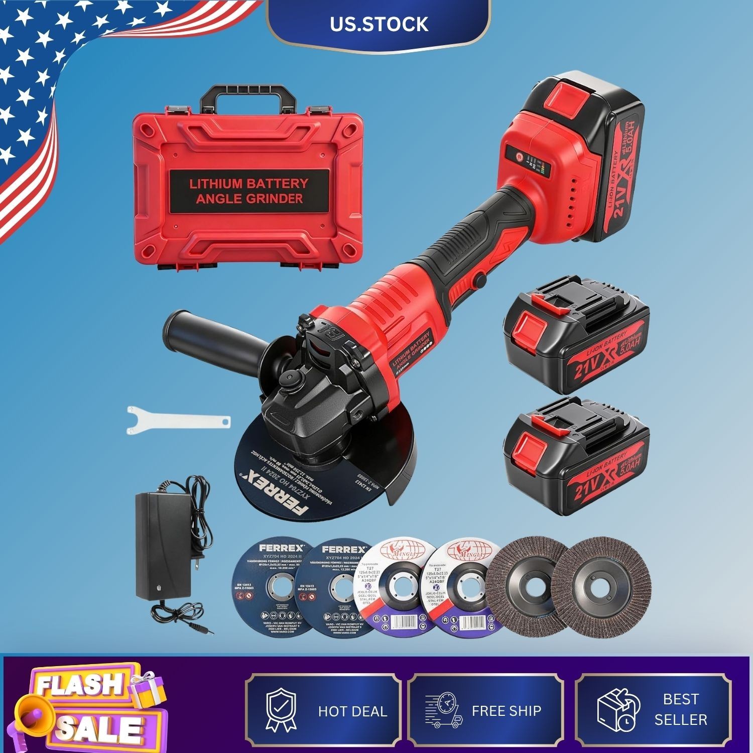 21V Cordless Angle Grinder 4-1/2&Prime; Brushless 2×5.0Ah Battery Cutting Tool Kit