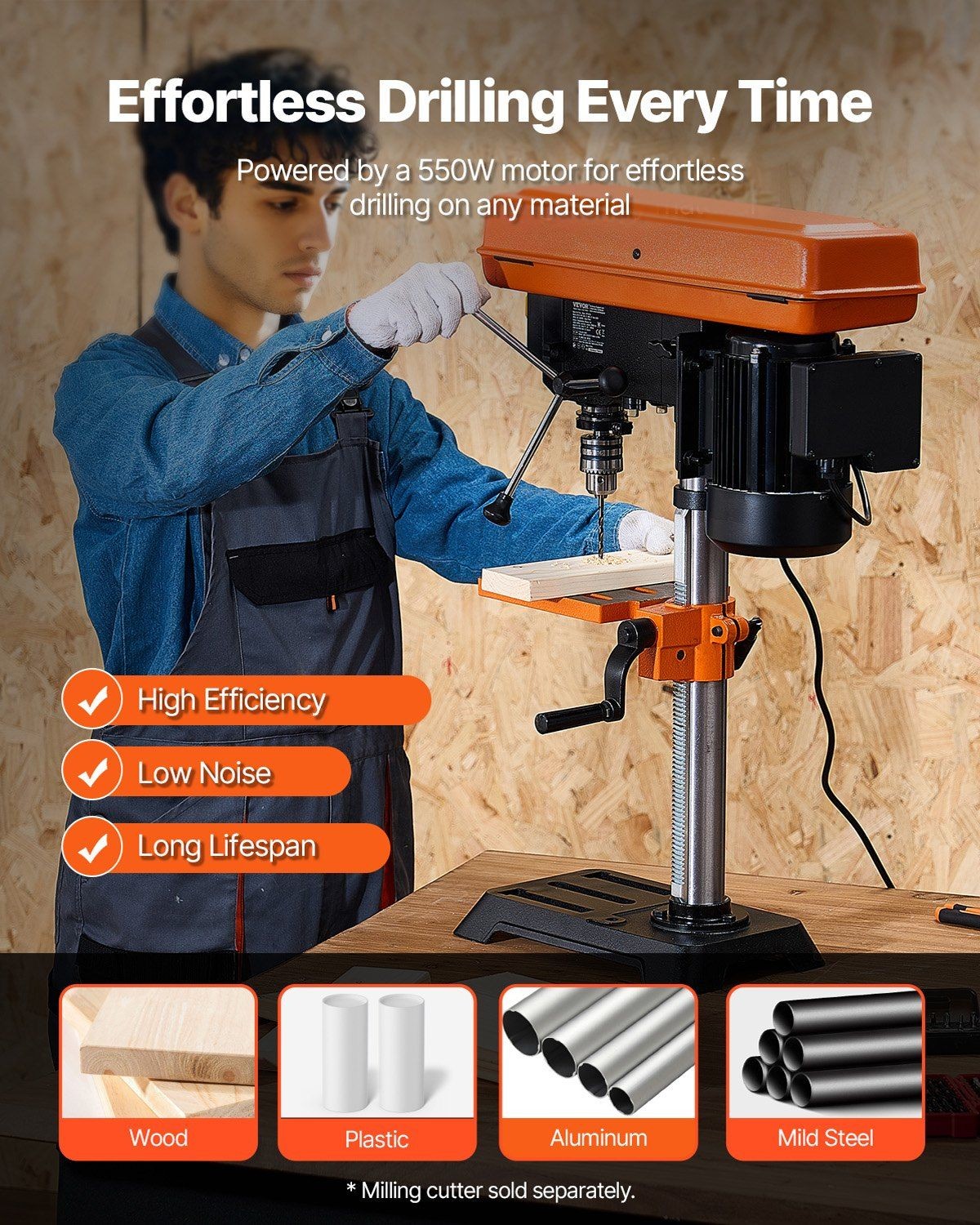 10in Benchtop Drill Press, 6.2A Motor, 5-Speed (650-3100 RPM), 45° Tilting Table