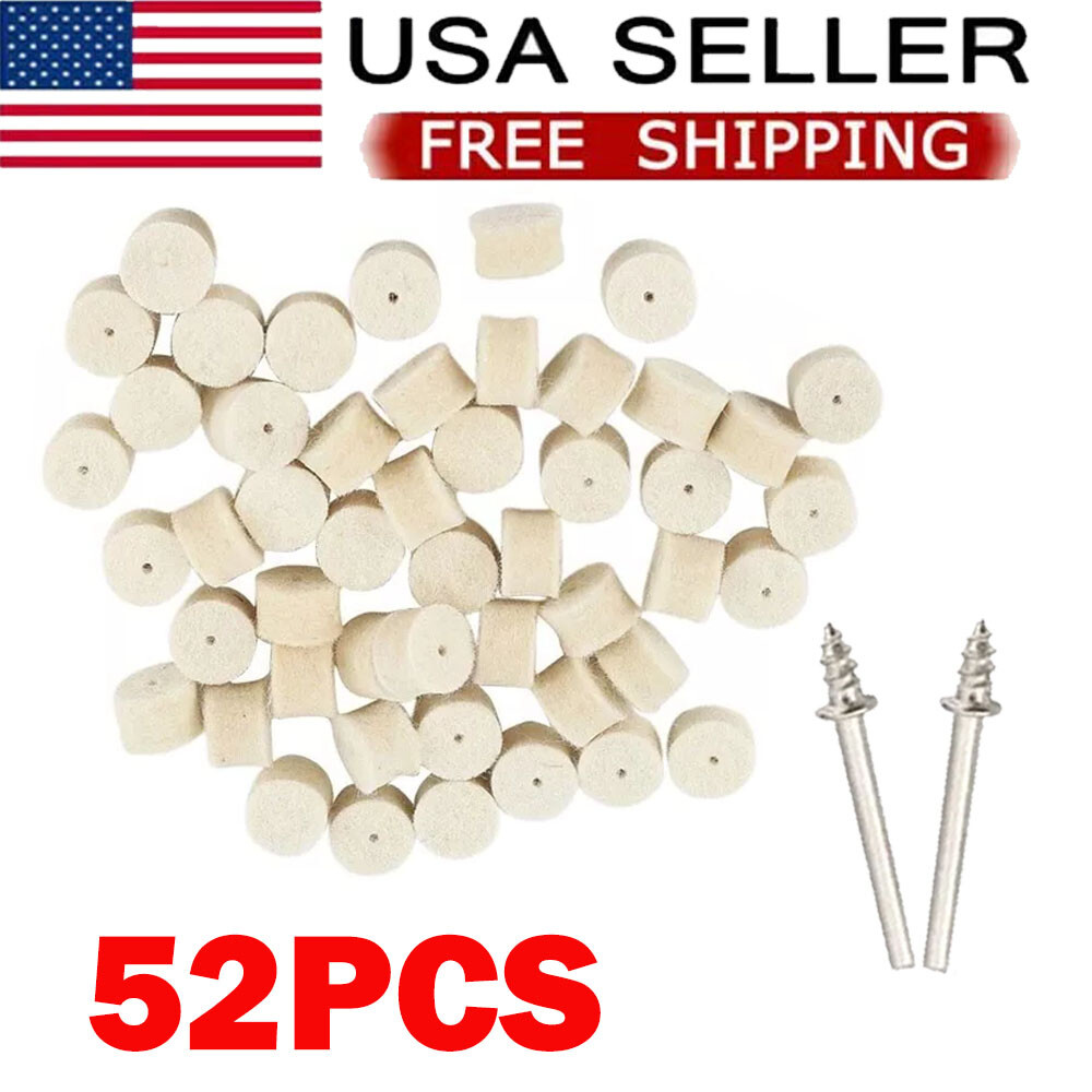 (52pcs) Wool Felt Polishing Buffing Pad 13mm + 2pc Shank For Grinding Wheel