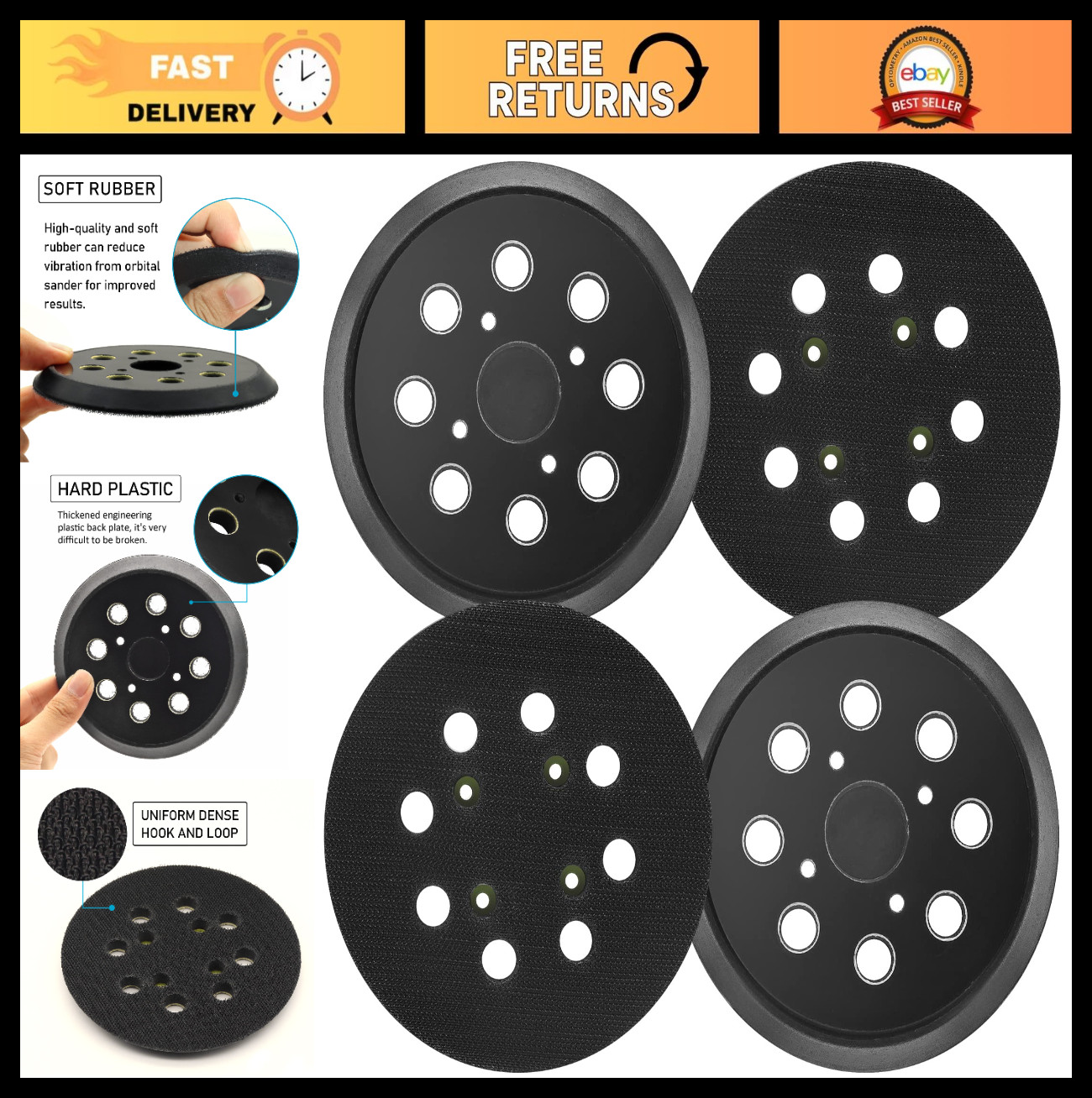 4 Pack 5&Prime; 8 Hole Hook & Loop Sander Pads for Random Orbit Sanders – Fits Multipl