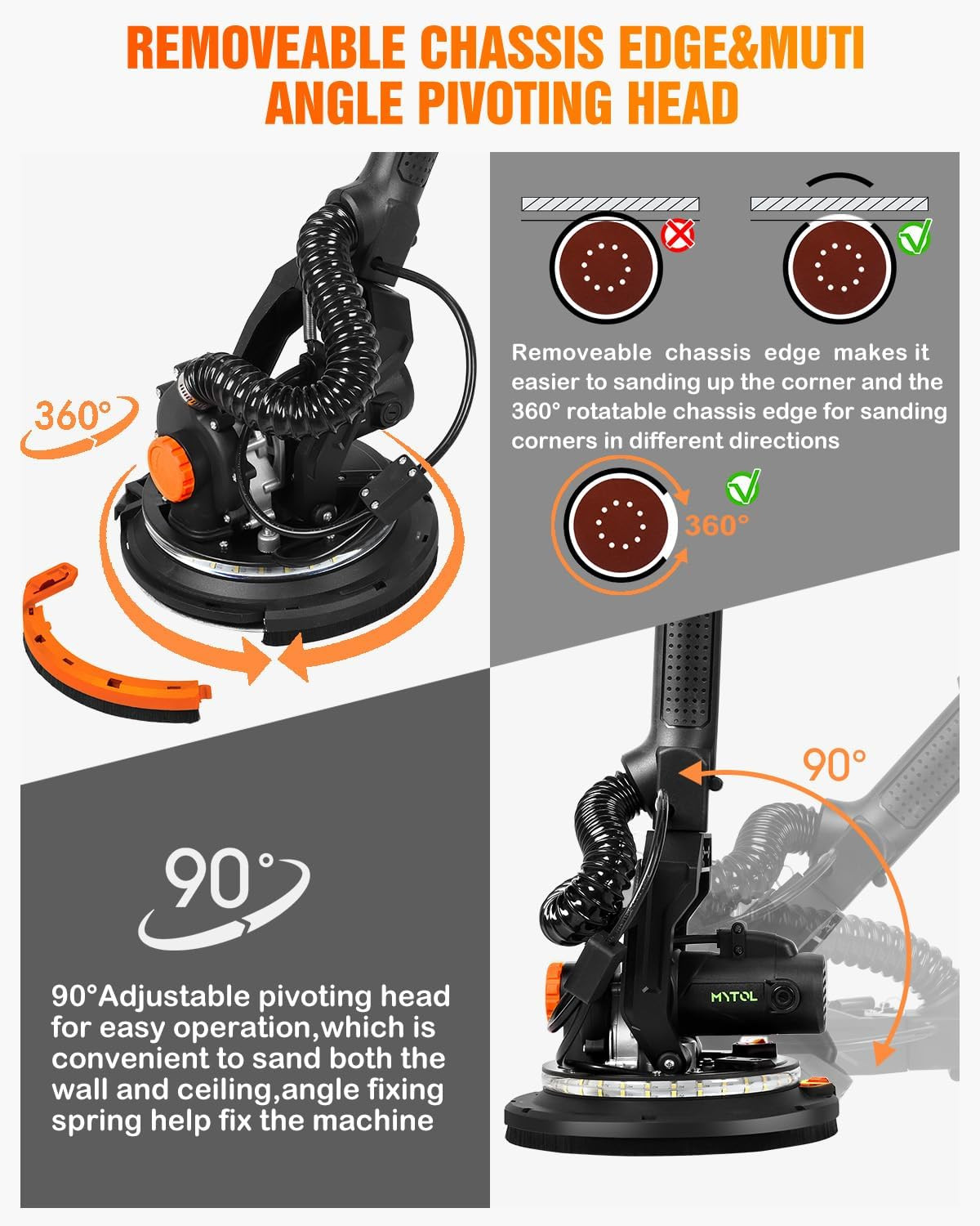 Electric Drywall Sander with Vacuum, LED Light, Variable Speed & Foldable Handle