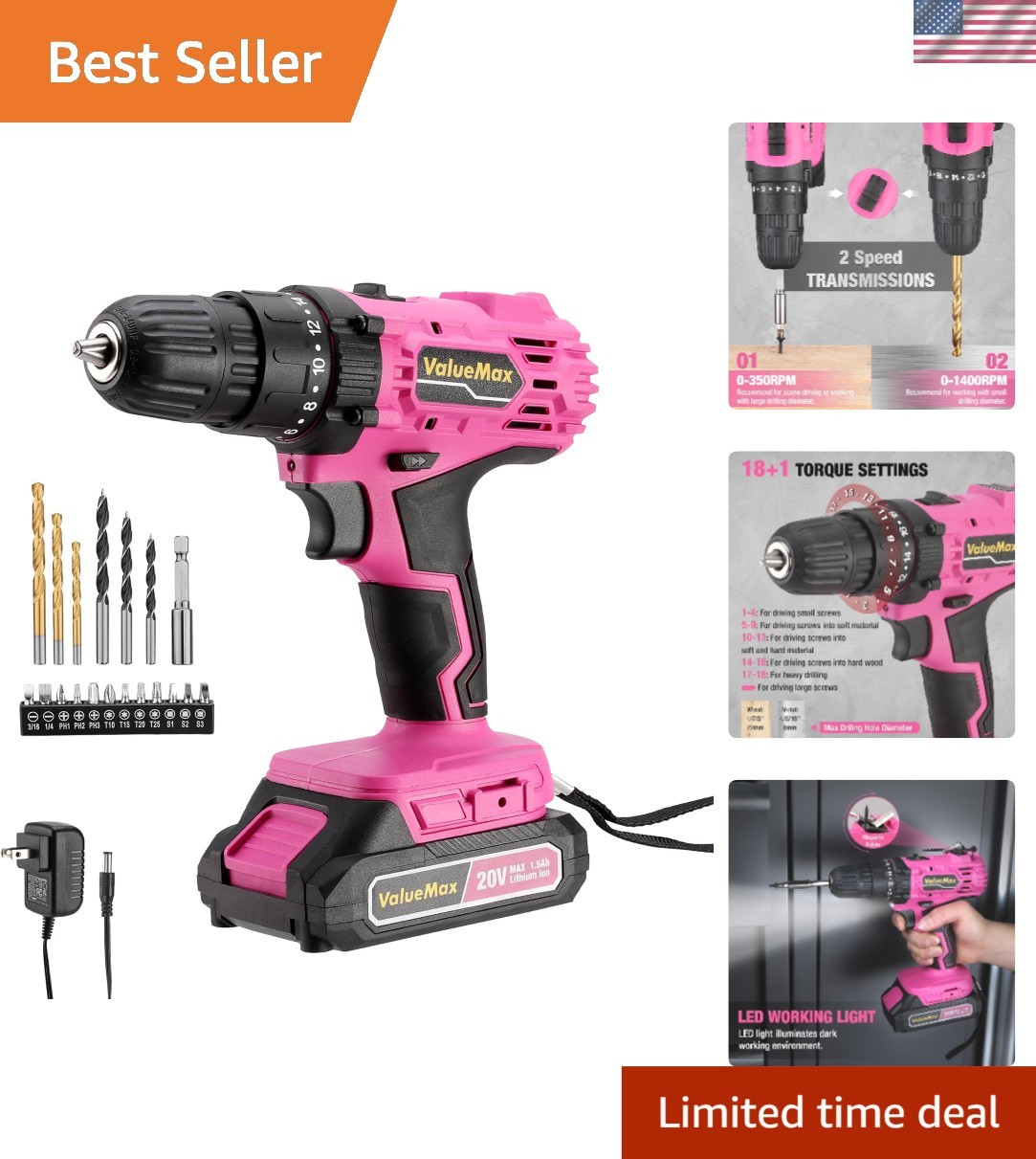 Stylish Pink Power Drill with Built-in LED Light & Magnetic Tool Holder