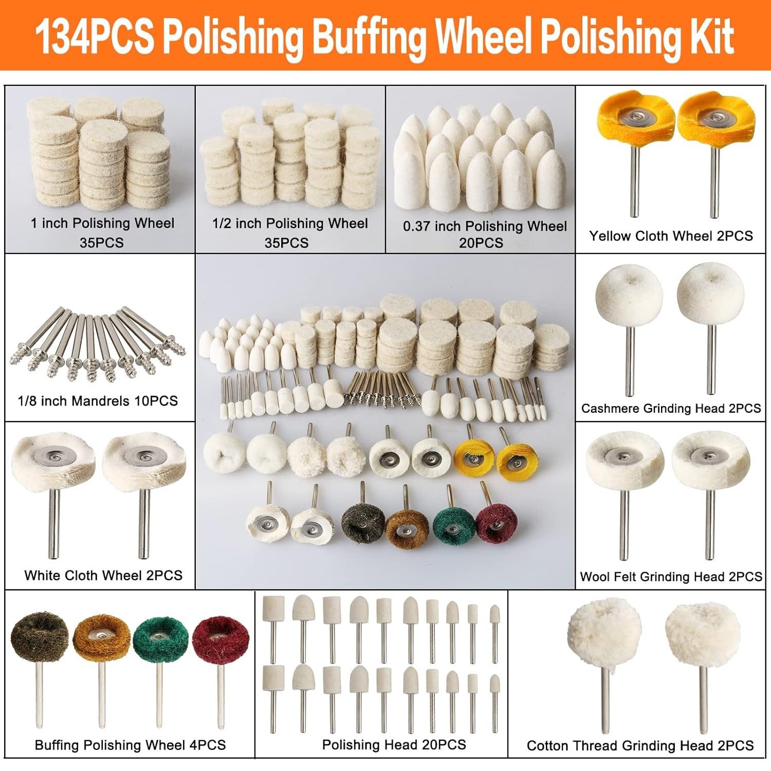 Polishing Buffing Wheel Kit 134pcs for Rotary Tools Jewelry Glass Metal