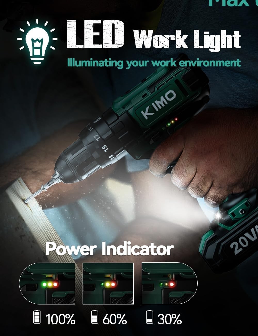 20V Cordless Hammer Drill Set Fast Charger, 14-Piece Kit , LED Light w/ Bag