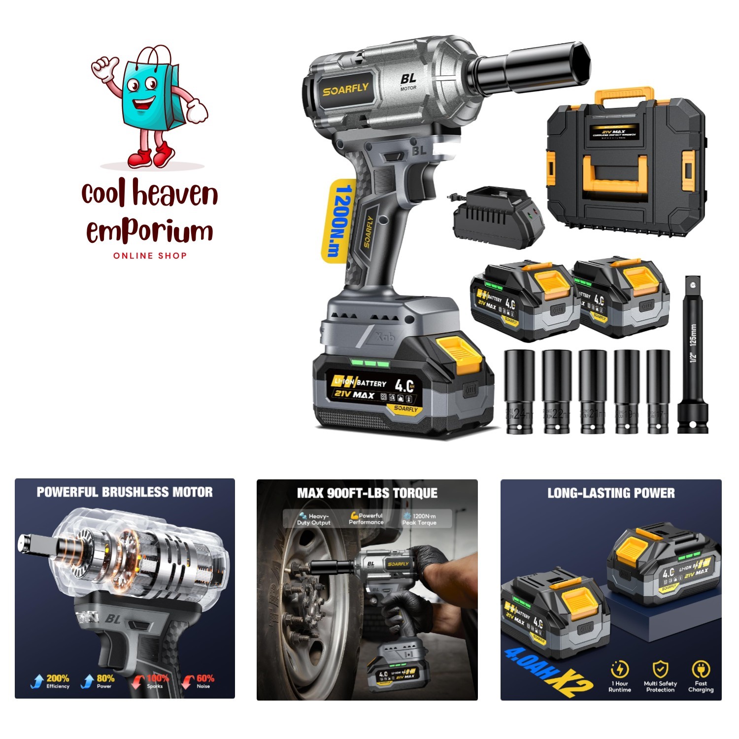 Upgraded Cordless Impact Wrench 1/2&Prime;, 900 Ft-lbs 1200 Nm Brushless Impact Gun…