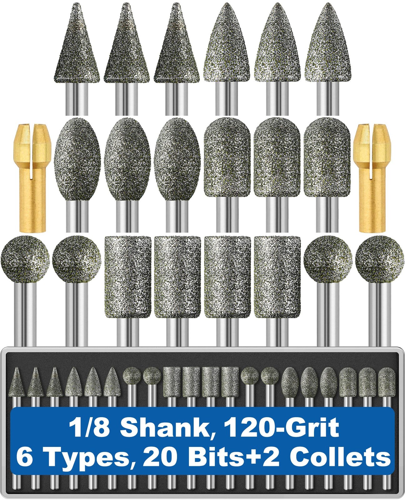 20Pcs 120-Grit Diamond Grinder Bit 1/8&Prime; Shank with 2 Small, Silver Grey