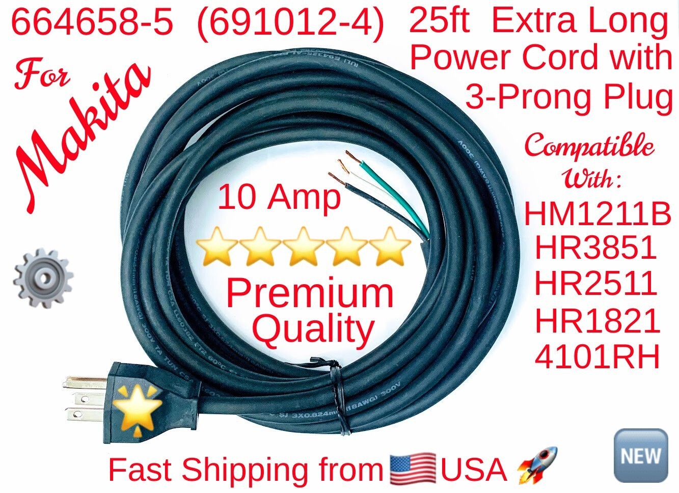 For MAKITA 664658-5 (691012-4) 25ft Power Cord 3-Prong for HR3851 HM1211B 4101RH