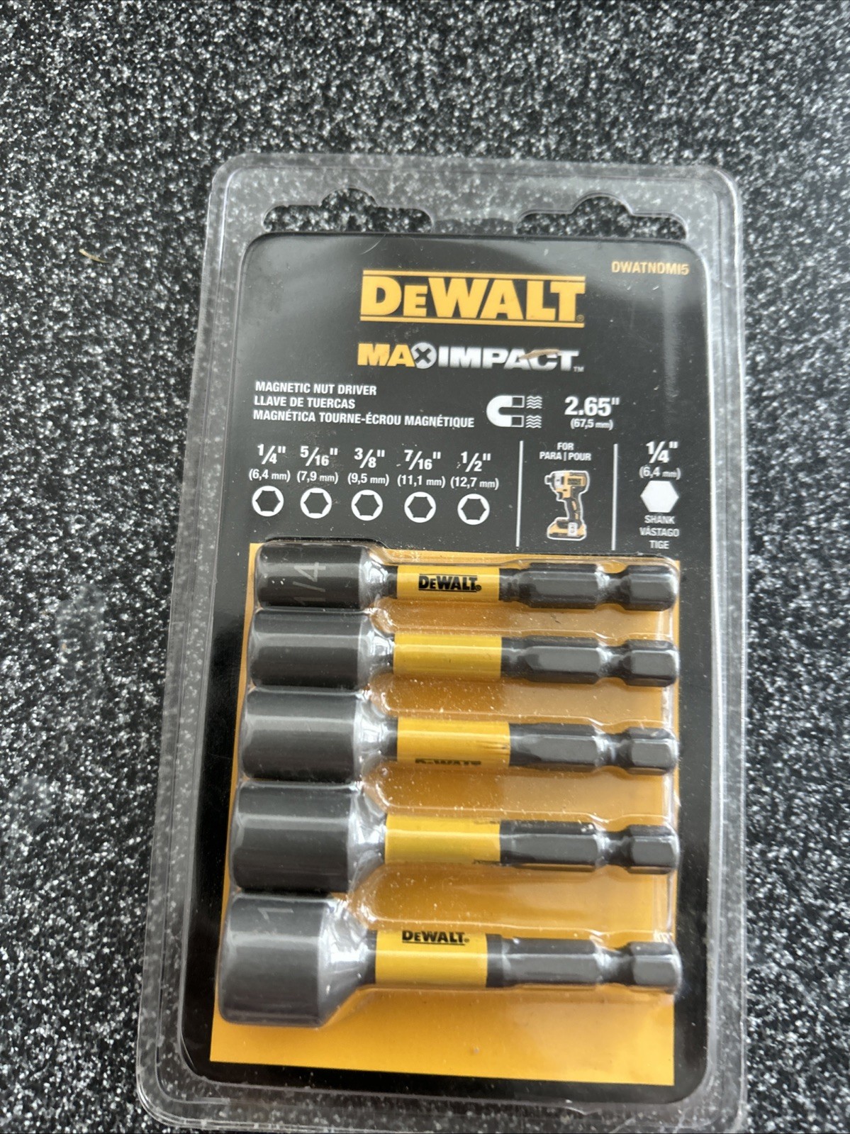 DeWALT MAX IMPACT 5-PCS MAGNETIC NUT DRIVER 1/4 5/16 3/8 7/16 1/2, (1/4&Prime;-SHANK)