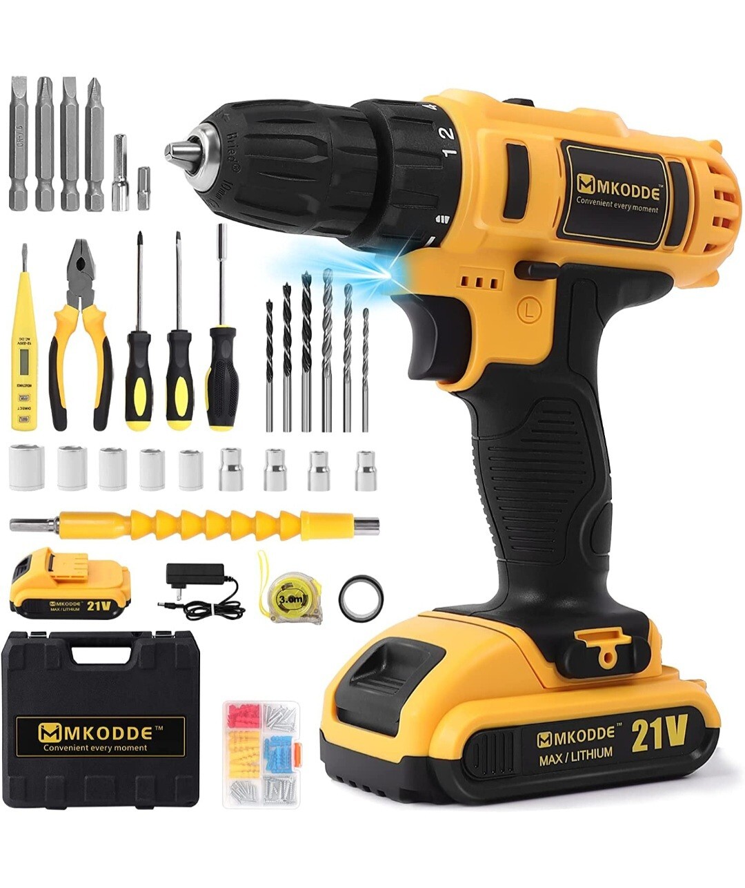 93 Piece 21V Drill Set 21V Cordless Drill 18+1 Torque Setting and 3/8 » Keyless