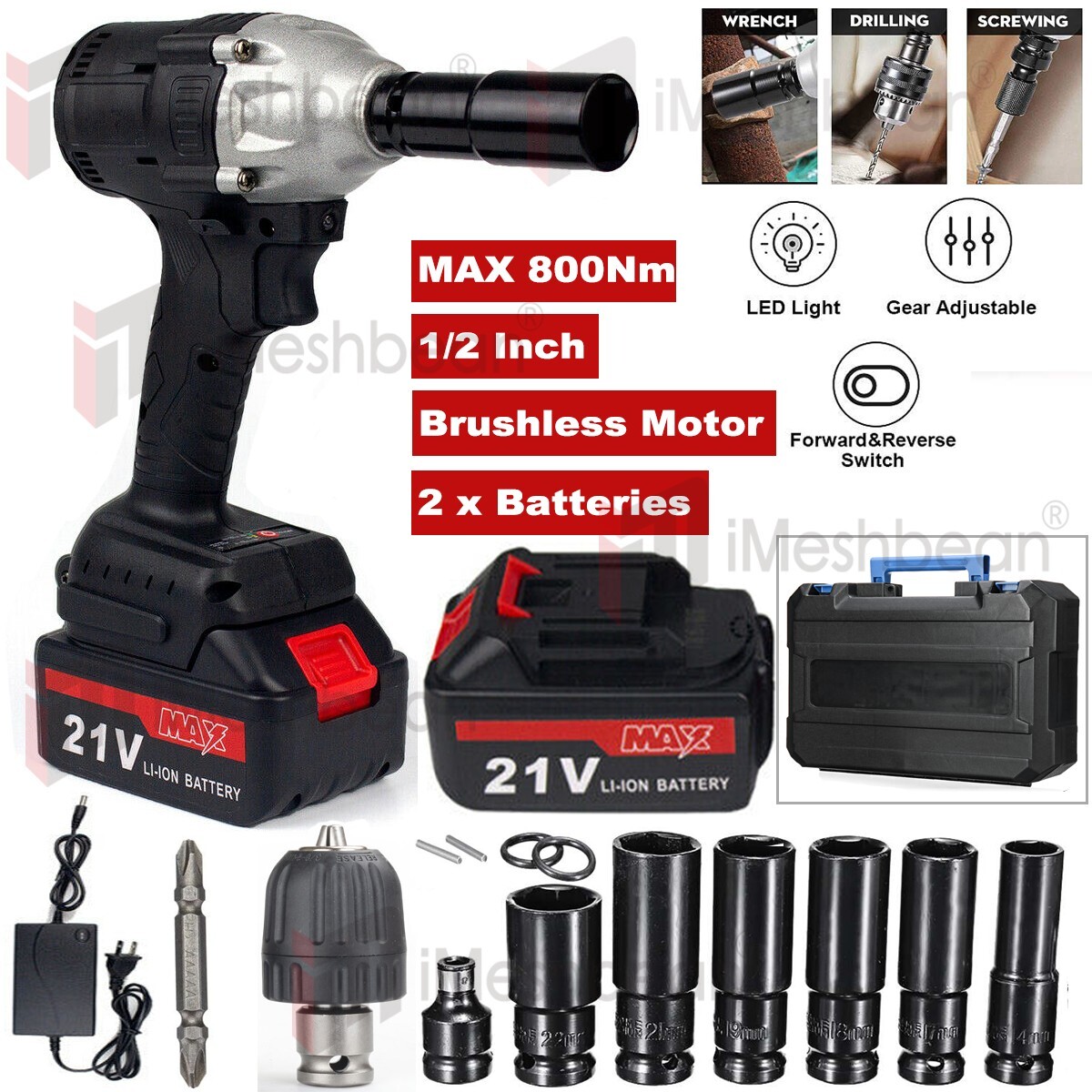 21V Cordless Impact Wrench 1/2&Prime; 800Nm High Torque Brushless Drill with 2 Battery