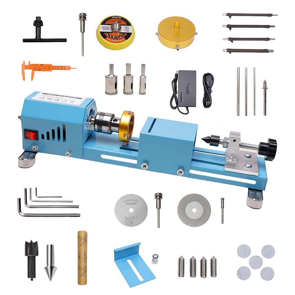 Mini Wood Lathe Machine with Milling Accessories, 7 Speeds, 24VDC 96W