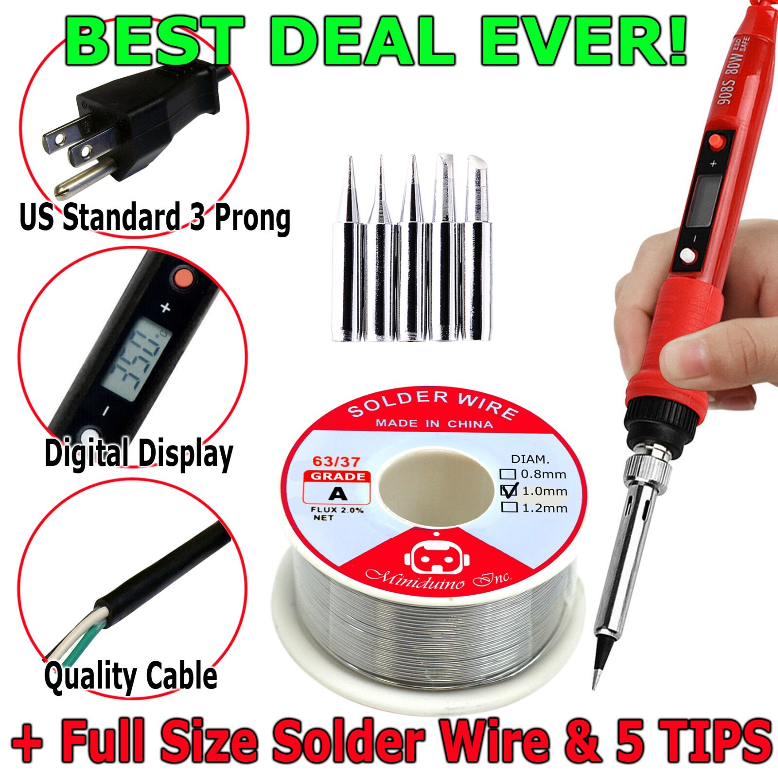 US 110V 80W Soldering Iron Gun Adjustable Temperature Welding 1.0 Solder Wire