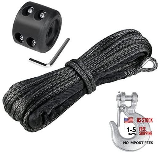 1/4&Prime; Synthetic Winch Rope 50 ft 10,000 lb UHMWPE 1/4 In x 50 Ft with Hook Black