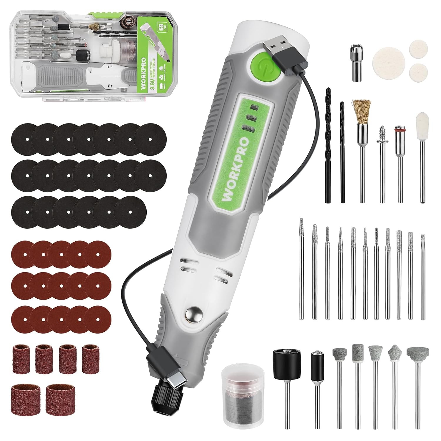 71pc White Cordless Rotary Tool Kit with 3 Variable Speeds, USB, 71