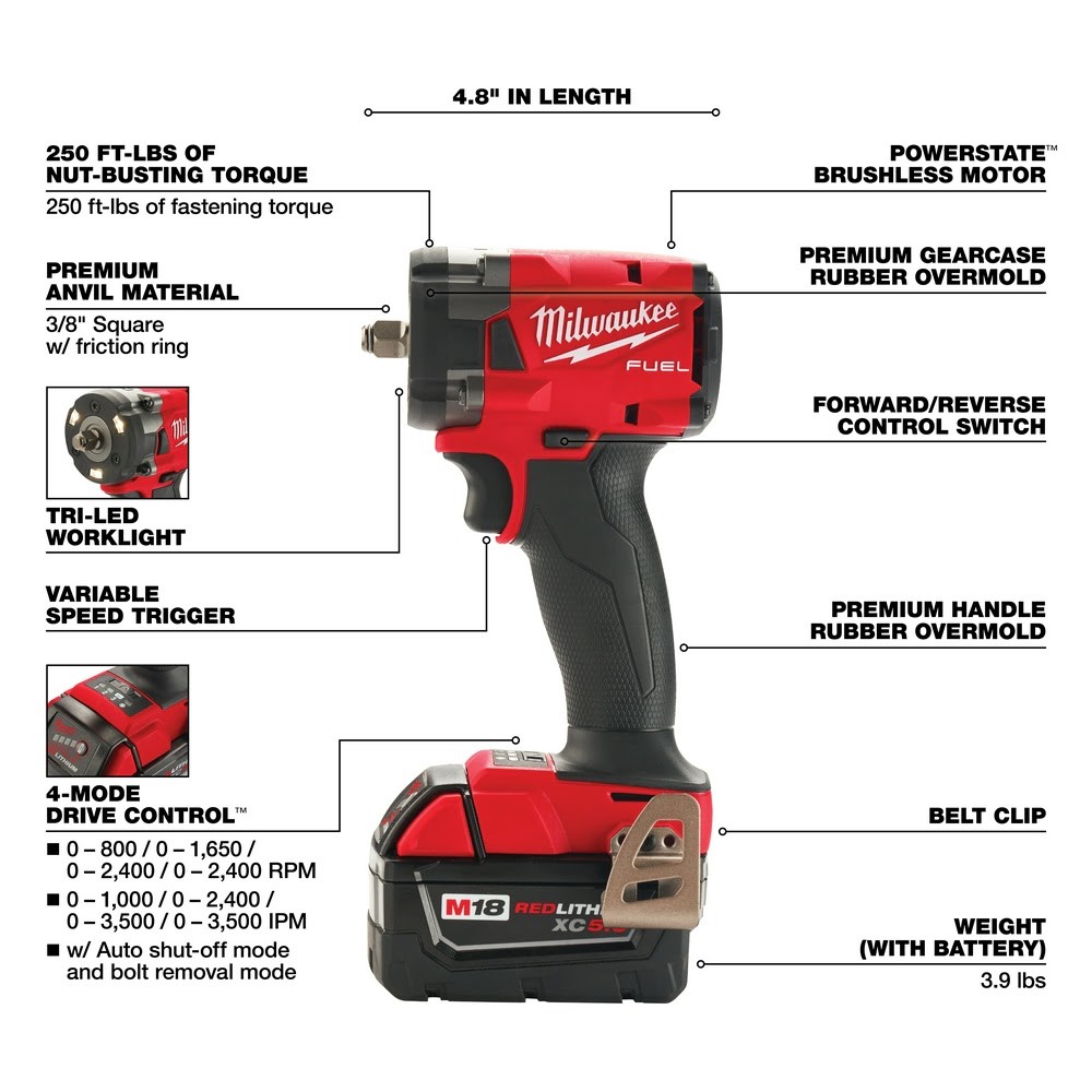 Milwaukee 2854-20 M18 FUEL 3/8&Prime; Compact Impact Wrench w/ Friction Ring