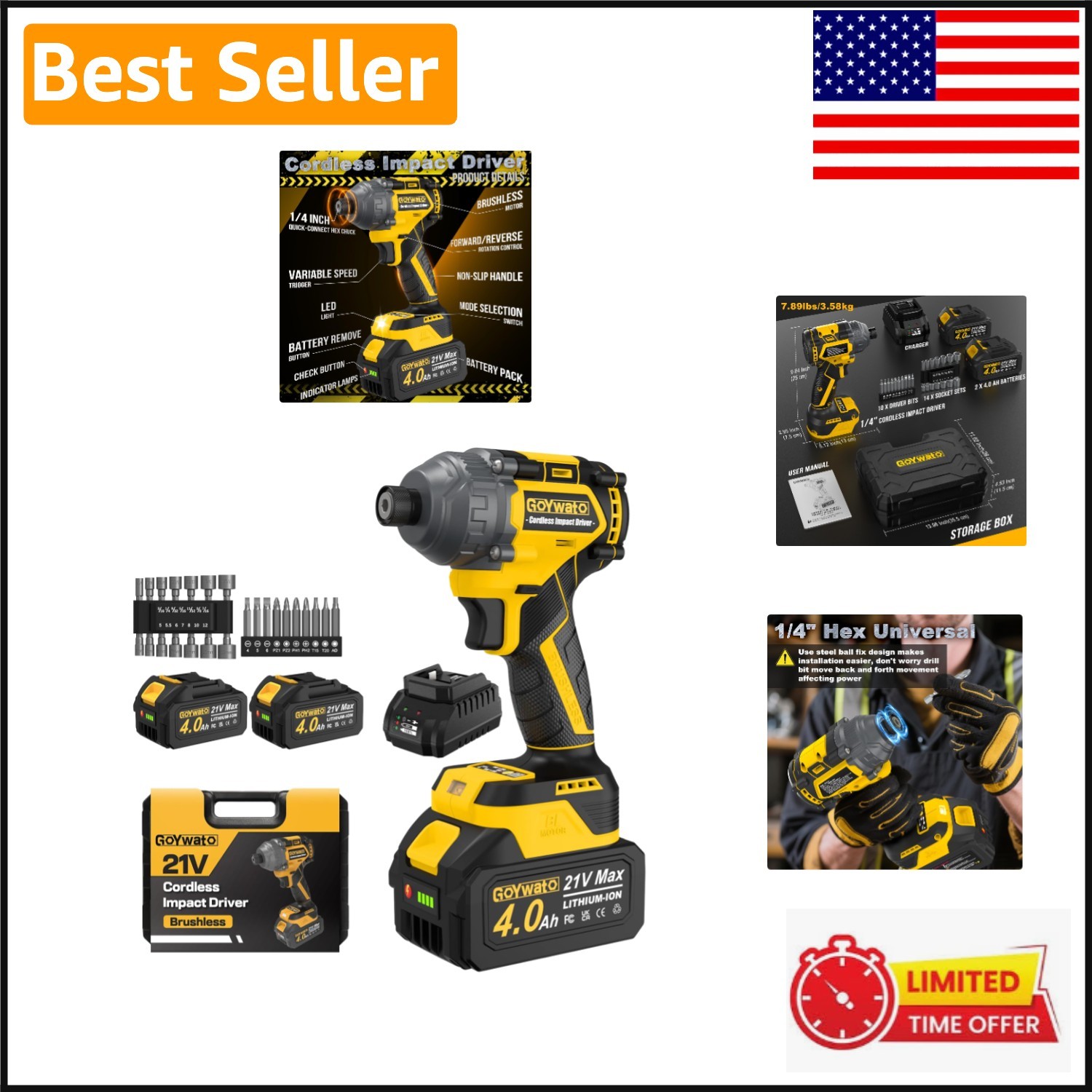 2655 In-lbs 21V Brushless Cordless Impact Driver Set with Batteries & Charger