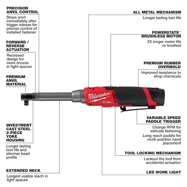 Milwaukee Tool 2569-21 M12 Fuel 3/8&Prime; Extended Reach High Speed Ratchet Kit