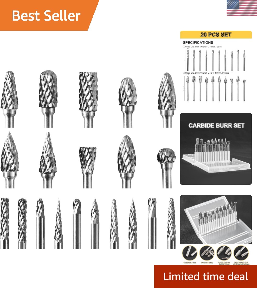 20Pcs Tungsten Carbide Steel Rotary Burr Die Grinder Bit 1/8in Shank Carving Set