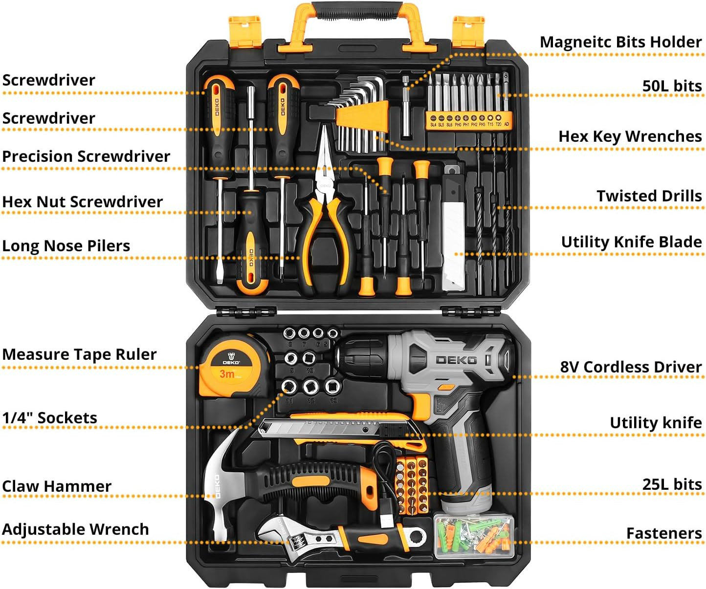 TOOL KIT WITH 8V CORDLESS DRILL TOOL BOX WITH DRILL ,HAMMER AND MORE