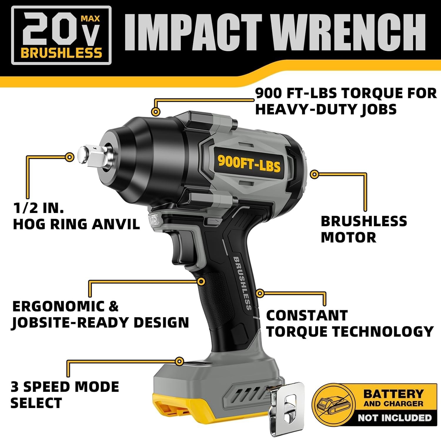 900Ft-lbs1200N.m Cordless Impact Wrench 1/2” Brushless, Compatible with DeWAL…