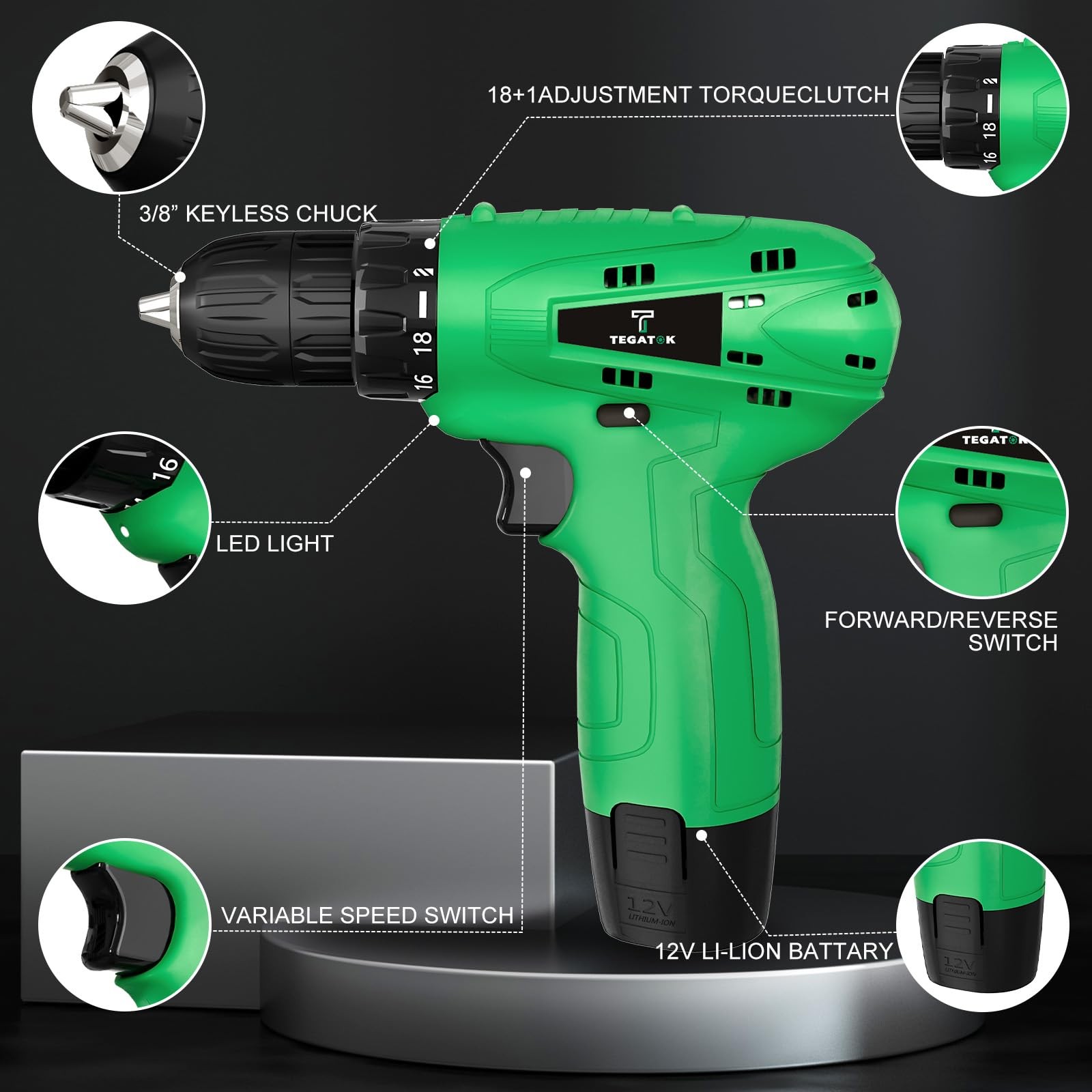 12V Cordless Power Drill Set with Battery Charger and Drill Bits 18+1 Torque