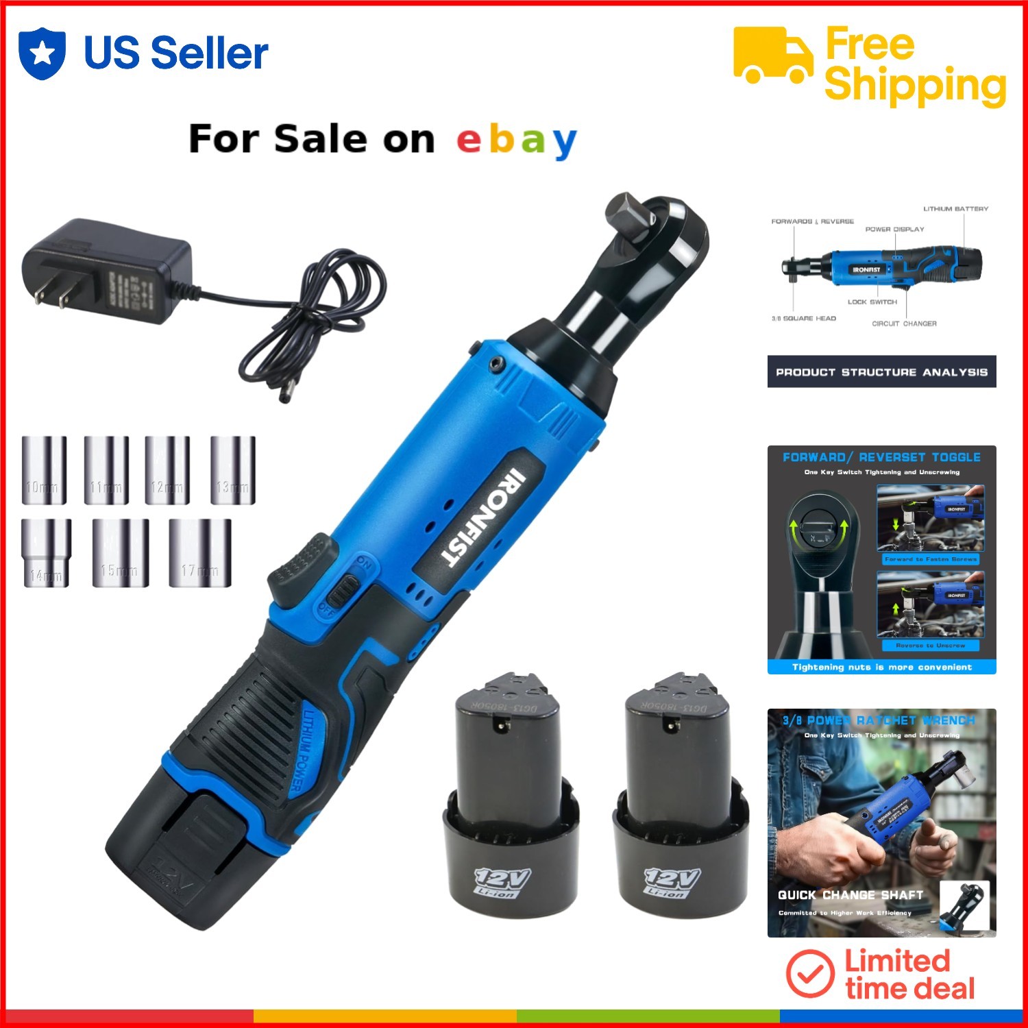 Cordless Electric Ratchet Wrench Set 12V 3/8&Prime; Torque Tool with 2 Batteries