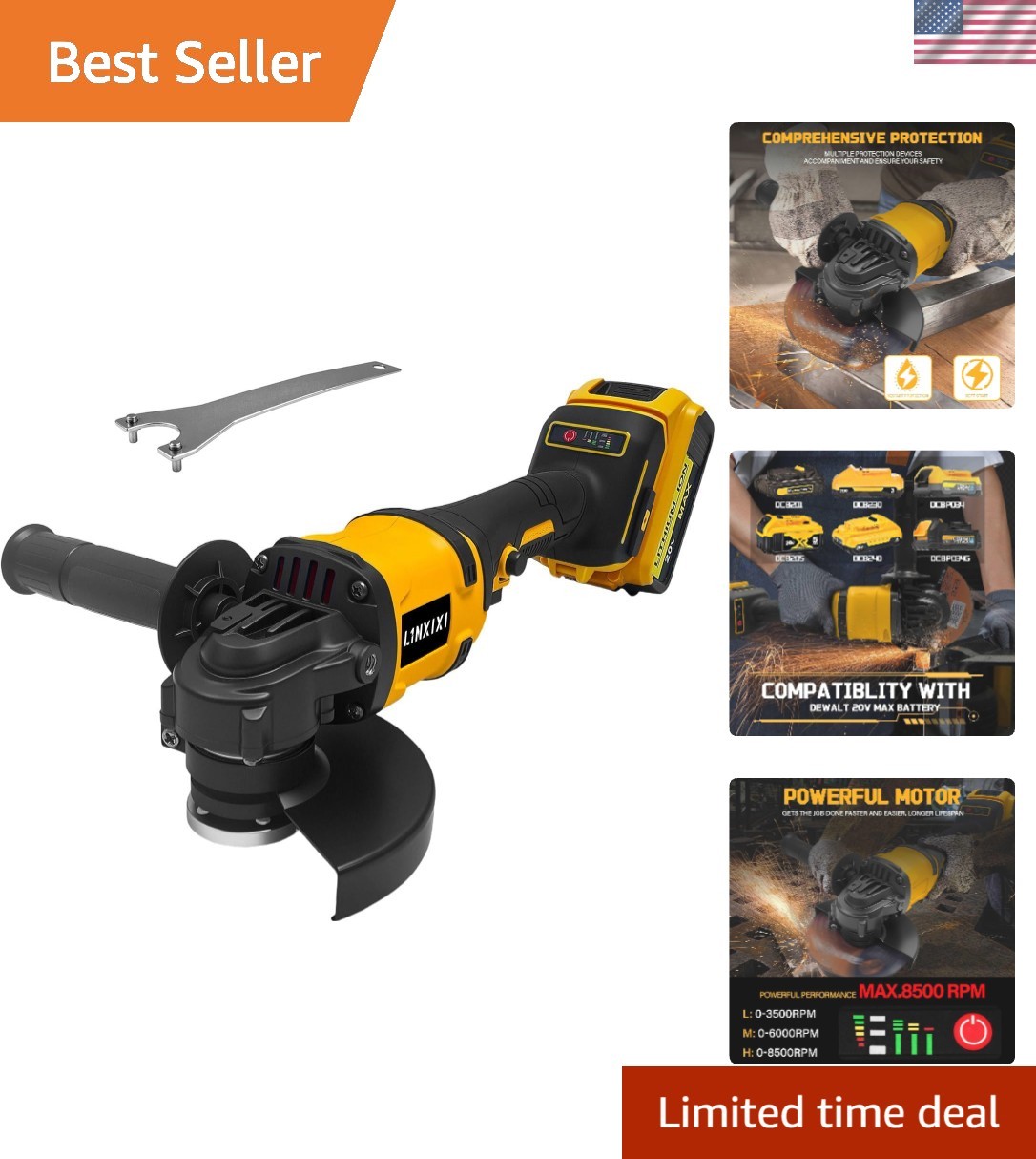 4-1/2&Prime; Cordless Angle Grinder for De-Walt 18V/20V MAX Battery, 8500RPM Brushl…
