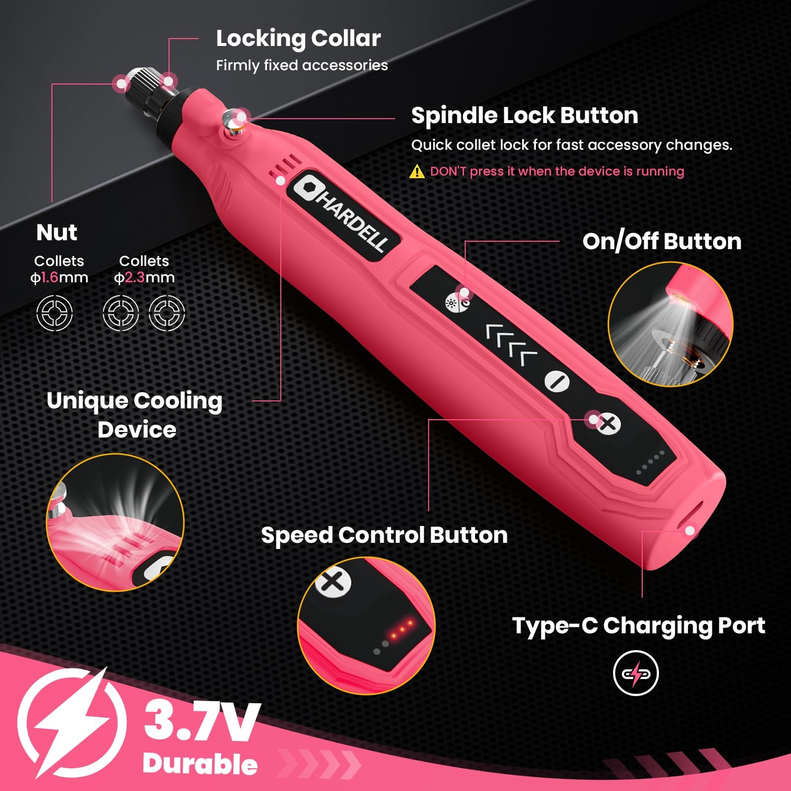 HARDELL Mini Cordless Rotary Tool, 5-Speed 3.7V Rechargeable Pink-3.7V