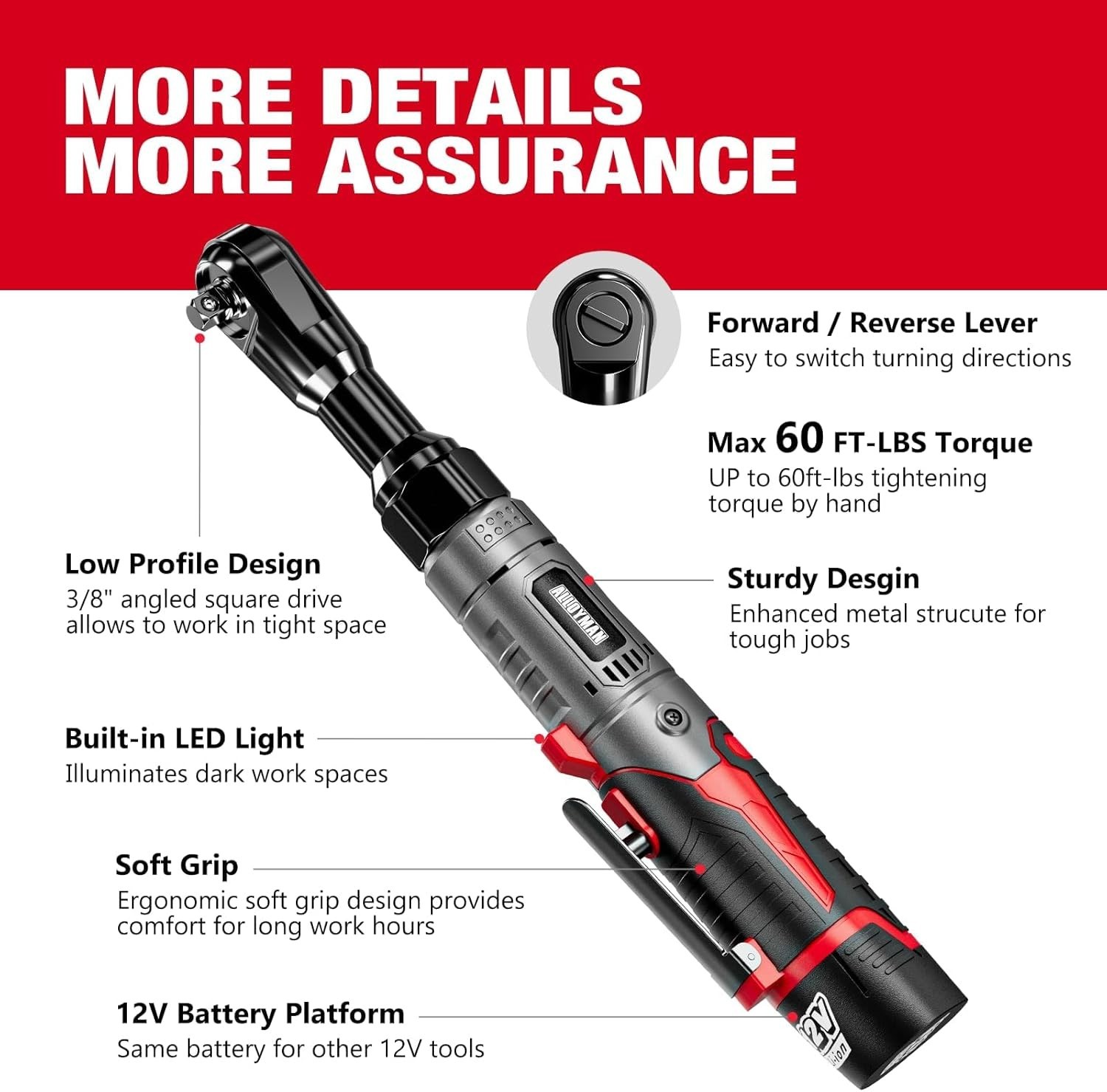 3/8&Prime; Cordless Ratchet Wrench Set, 60Ft-Lbs(80N.M) Electric Ratchet, 12V Extended