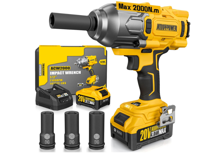 Llave impacto 2000Nm brushless 1/2 con batería 4000mAh y 3 vasos. Ideal para lla