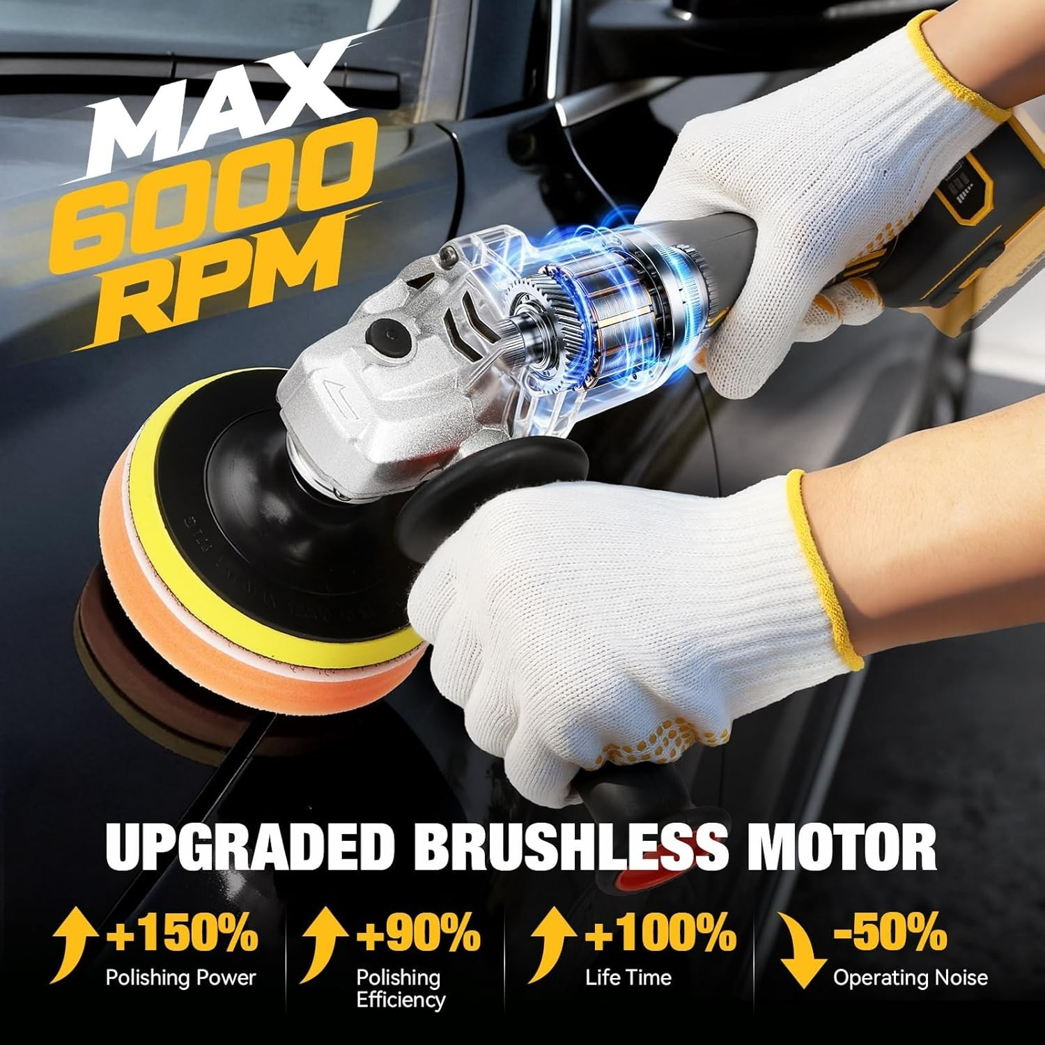 Cordless Buffer Polisher for De-Walt 20V Max Battery, Brushless Rotary Car Buffe