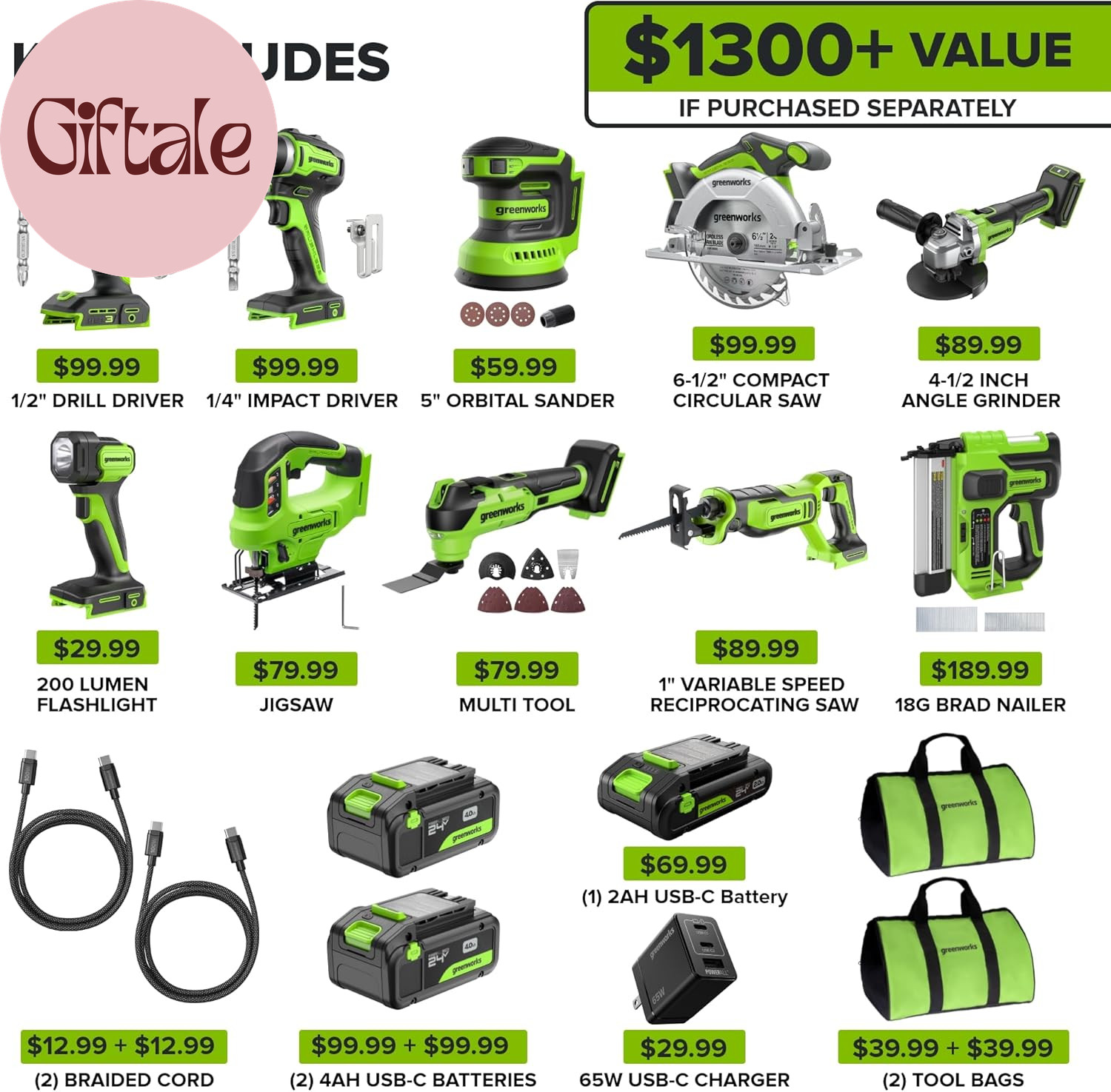 24V Brushless 10PC TOOL, Drill+Impact Driver+Circular Saw+Recip Saw+Jig Saw+Sand