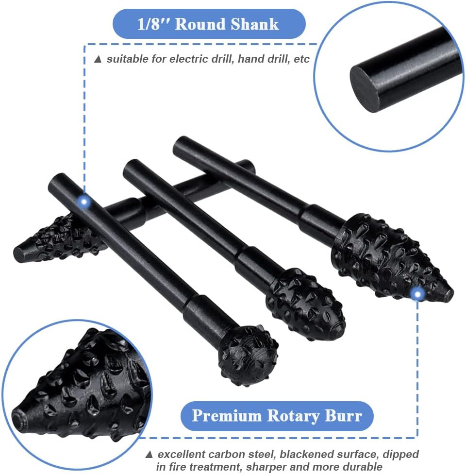 10 Pieces Rotary File Rasp Set, 3Mm round Shank Rotary Burrs Carbon Steel