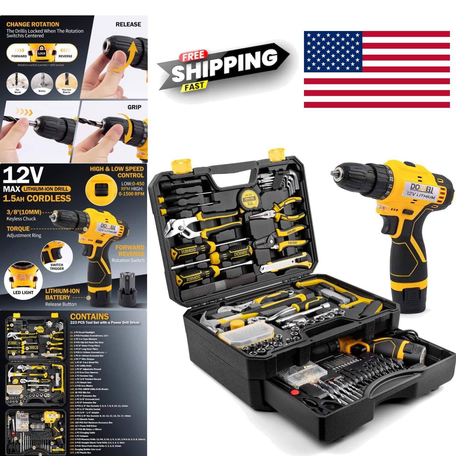 Professional 223 Piece Tool Set with 12V Drill and Ergonomic Design for Comfort