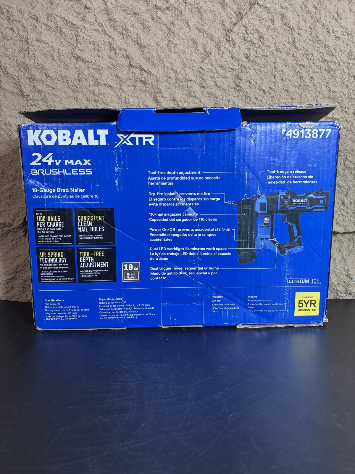 Kobalt XTR 24V Max Brushless 18 Gauge Brad Nailer Air Spring Tool Only Cordless