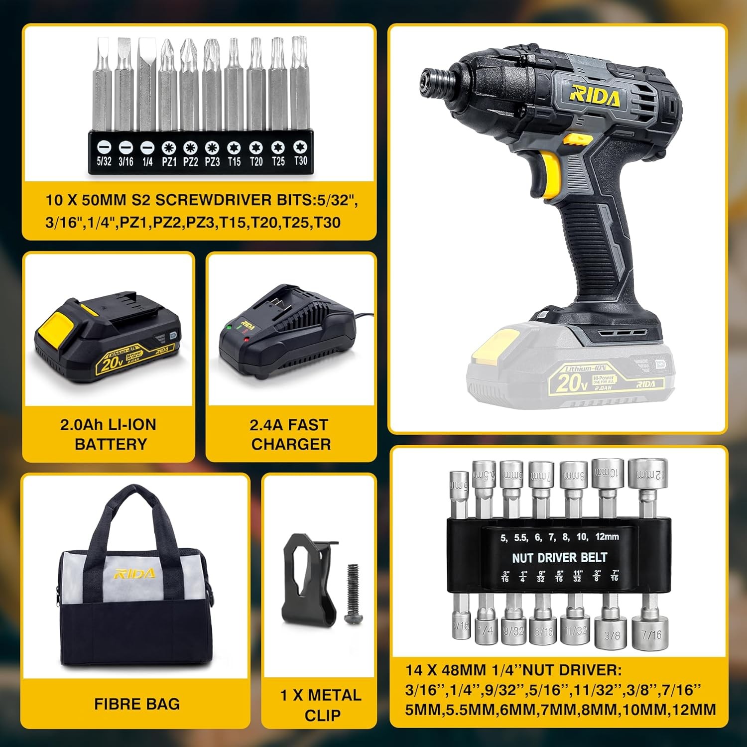 Impact Driver Kit 180Nm 20V Cordless Impact Drill Driver Set 1/4&Prime; All-Metal Hex