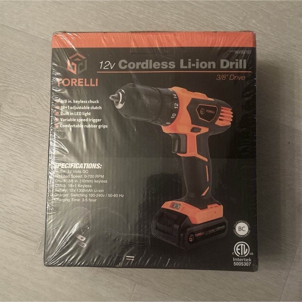 TORELLI 12V Li-Ion Cordless Drill 3/8in Keyless Chuck LED, Battery+Chg
