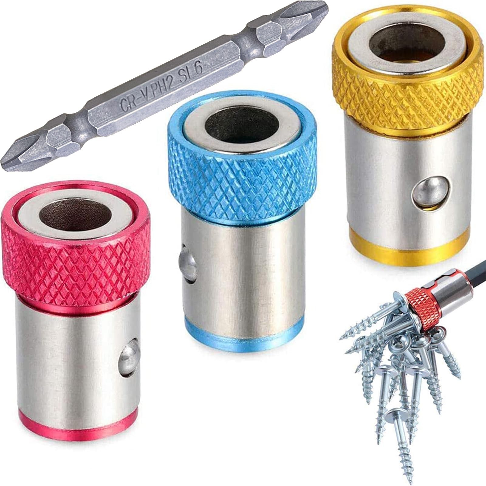 3-Pack Screwdriver Head Magnetic Ring for Drill & One Size, Red/Blue/Yellow