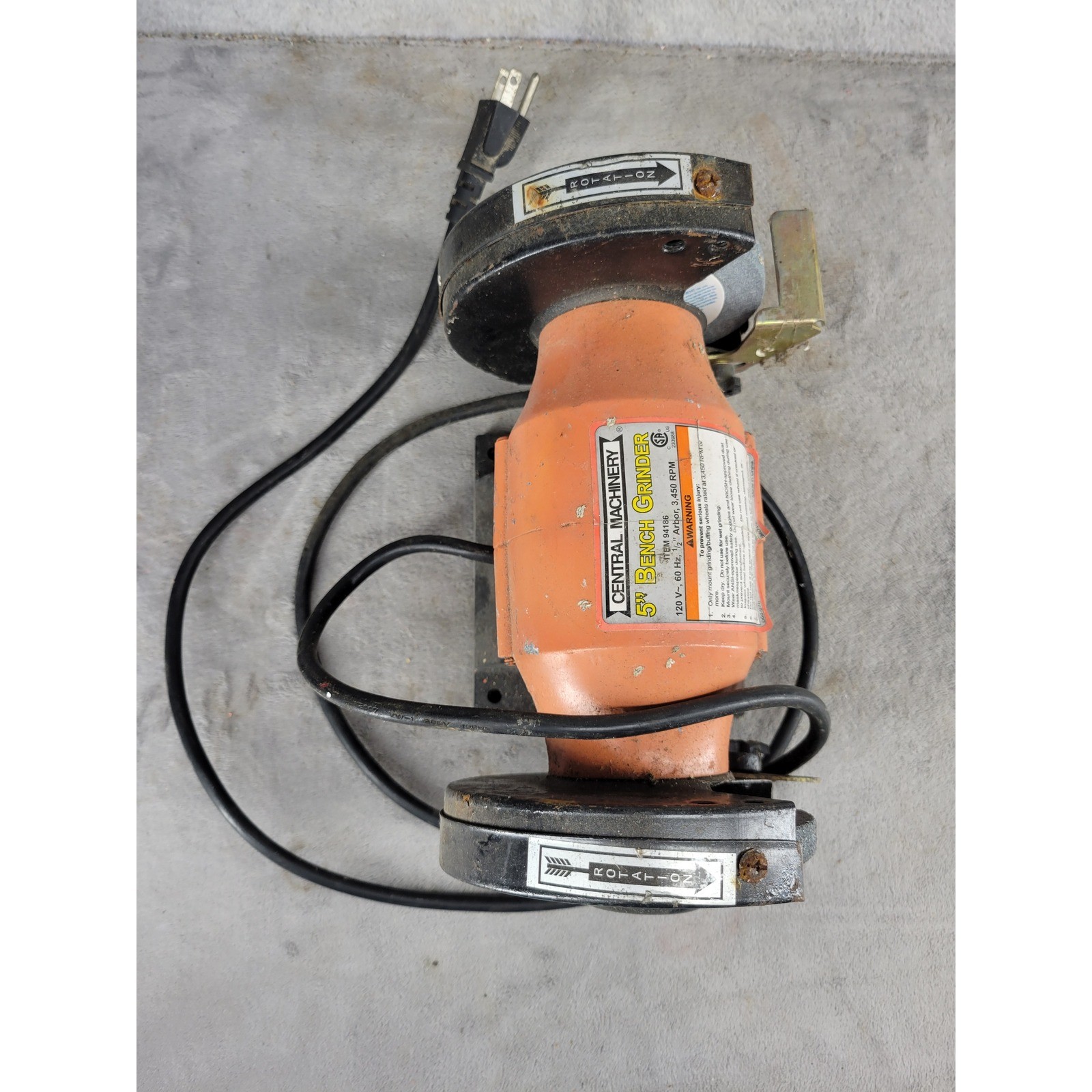 Central Machinery 5 Inch Bench Grinder 94186 1/2 Arbor 3450 RPM Orange 120V