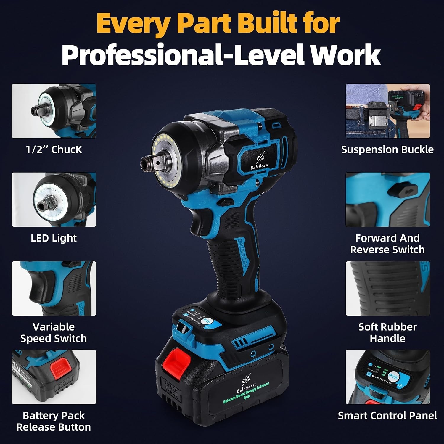 500Nm 1/2&Prime; Cordless Impact Wrench Brushless 21V 4000mAh 3500RPM 7 Sockets USA