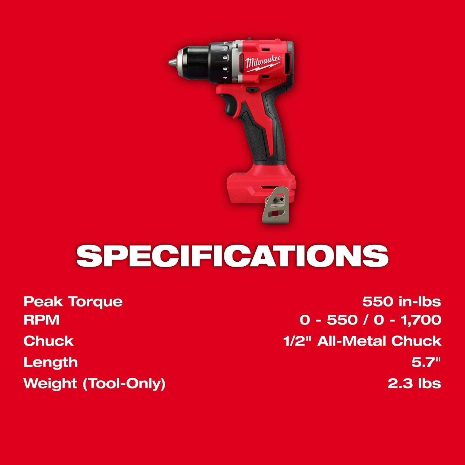 Milwaukee M18 Cordless Drill Driver 1/2&Prime; Keyless Chuck 550 in-lbs 1700 RPM