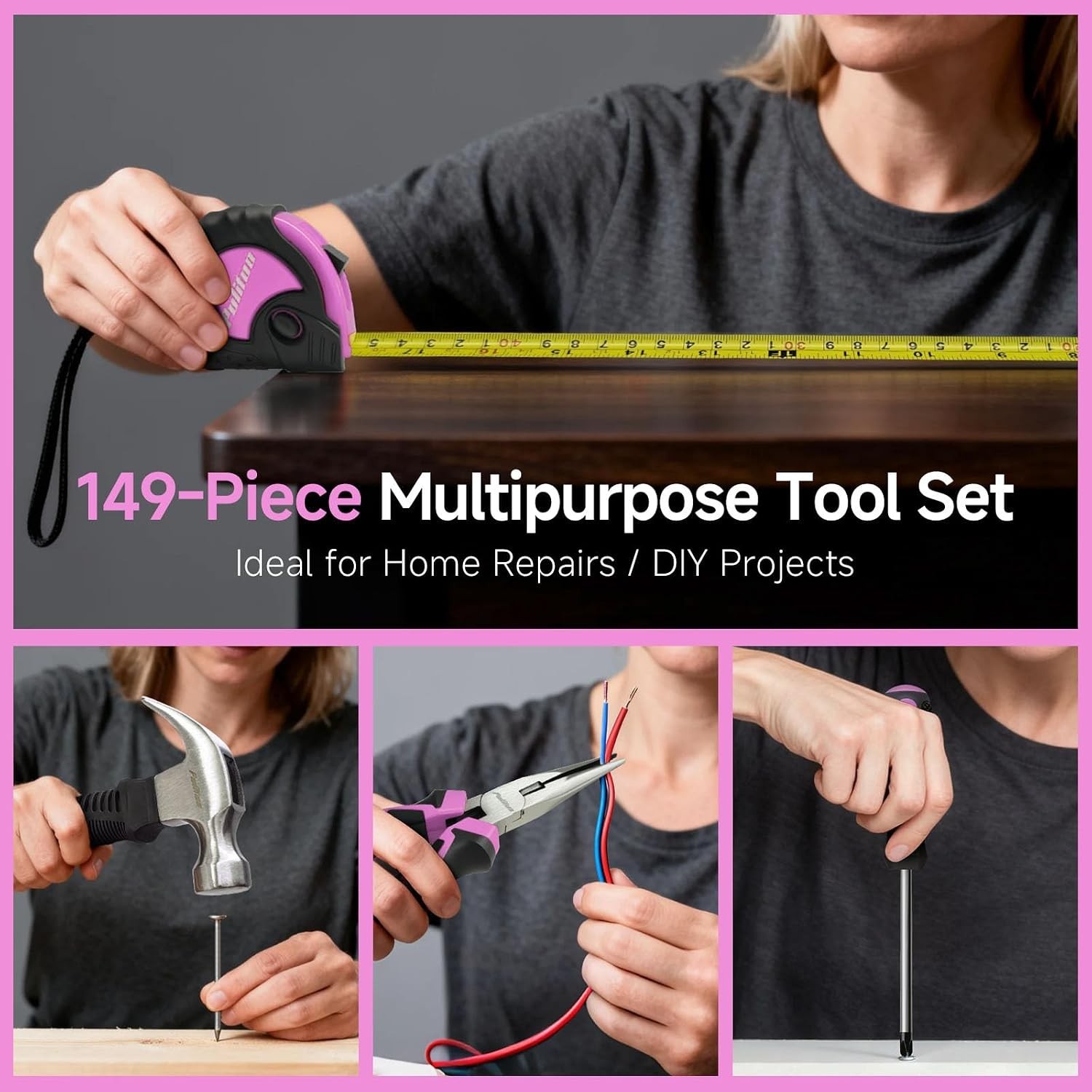 Drill Set, 149-Piece Home Tool Set with 12V Pink Cordless Drill, Tool Box, Ha…