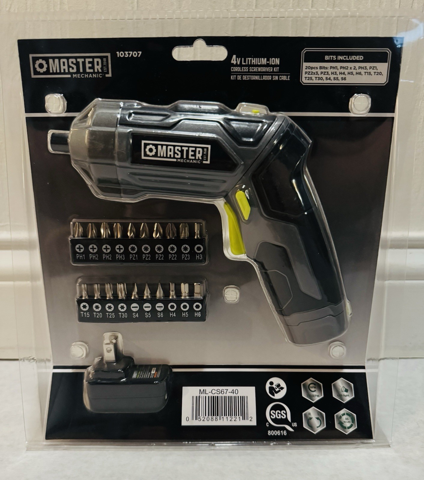 Master Mechanic 103707 – 4 Volt Lithium-Ion Cordless Screwdriver w/ 20pc Bit Set
