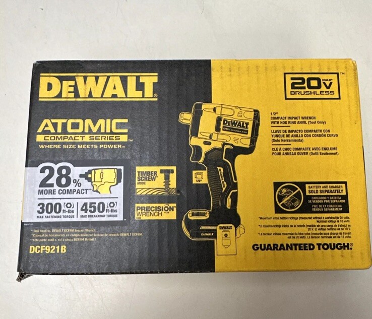 New! DeWALT (DCF921B) ATOMIC 20V MAX 1/2&Prime; Li-Ion Impact Wrench w/Hog Ring SEALED
