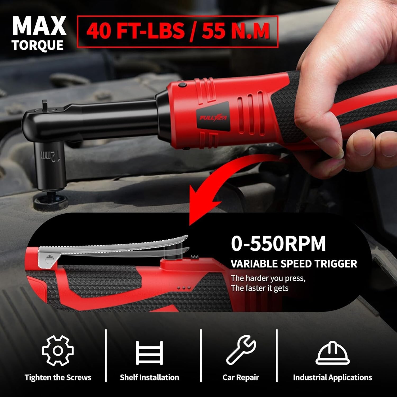 Electric Ratchet Wrench 550 RPM Cordless 3/8&Prime; 18V Power Tool Variable Speed Red
